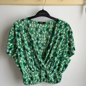 Bershka Green Floral Wrap Crop Blouse